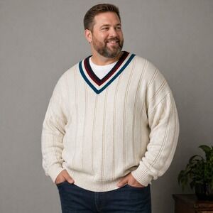 Vintage V-Neck Tennis Sweater Mens 3XL Cream USA Cable Knit Striped Preppy
